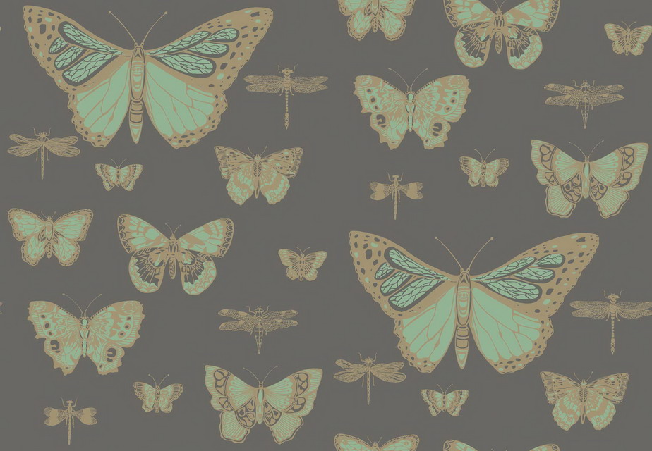 Wallpaper - Cole and Son - Whimsical - Butterflies & Dragonflies-Green on Charcoal - Half drop -