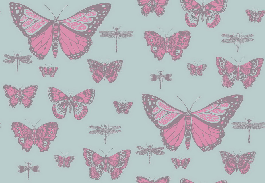 Wallpaper - Cole and Son - Whimsical - Butterflies & Dragonflies-Pink on Blue - Half drop -