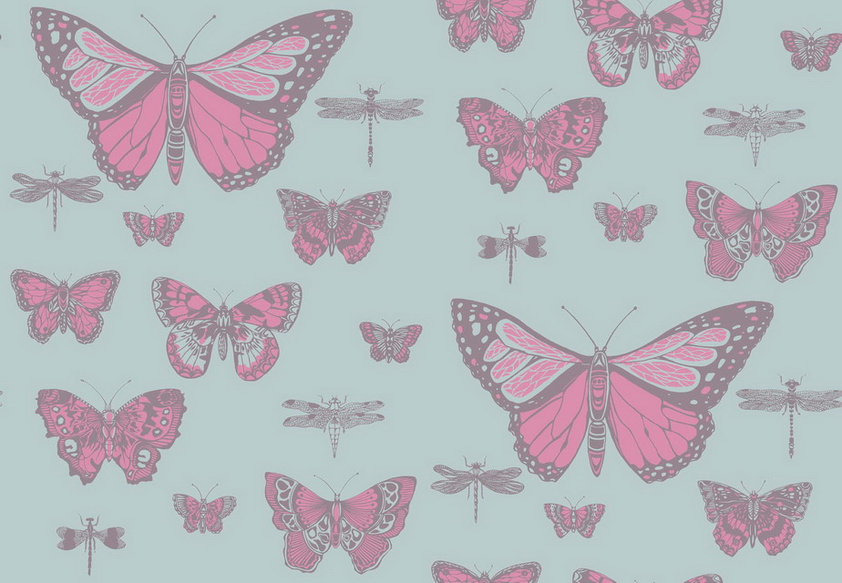 Tapet - Cole and Son - Whimsical - Butterflies & Dragonflies-Pink on Blue - Half drop -