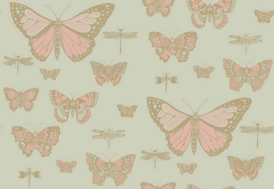 Tapet - Cole and Son - Whimsical - Butterflies & Dragonflies-Pink on Olive - Half drop -
