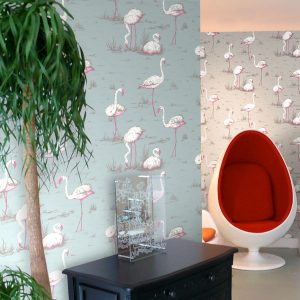 Wallpaper - Cole and Son - New Contemporary- Flamingos - Pink on Blue