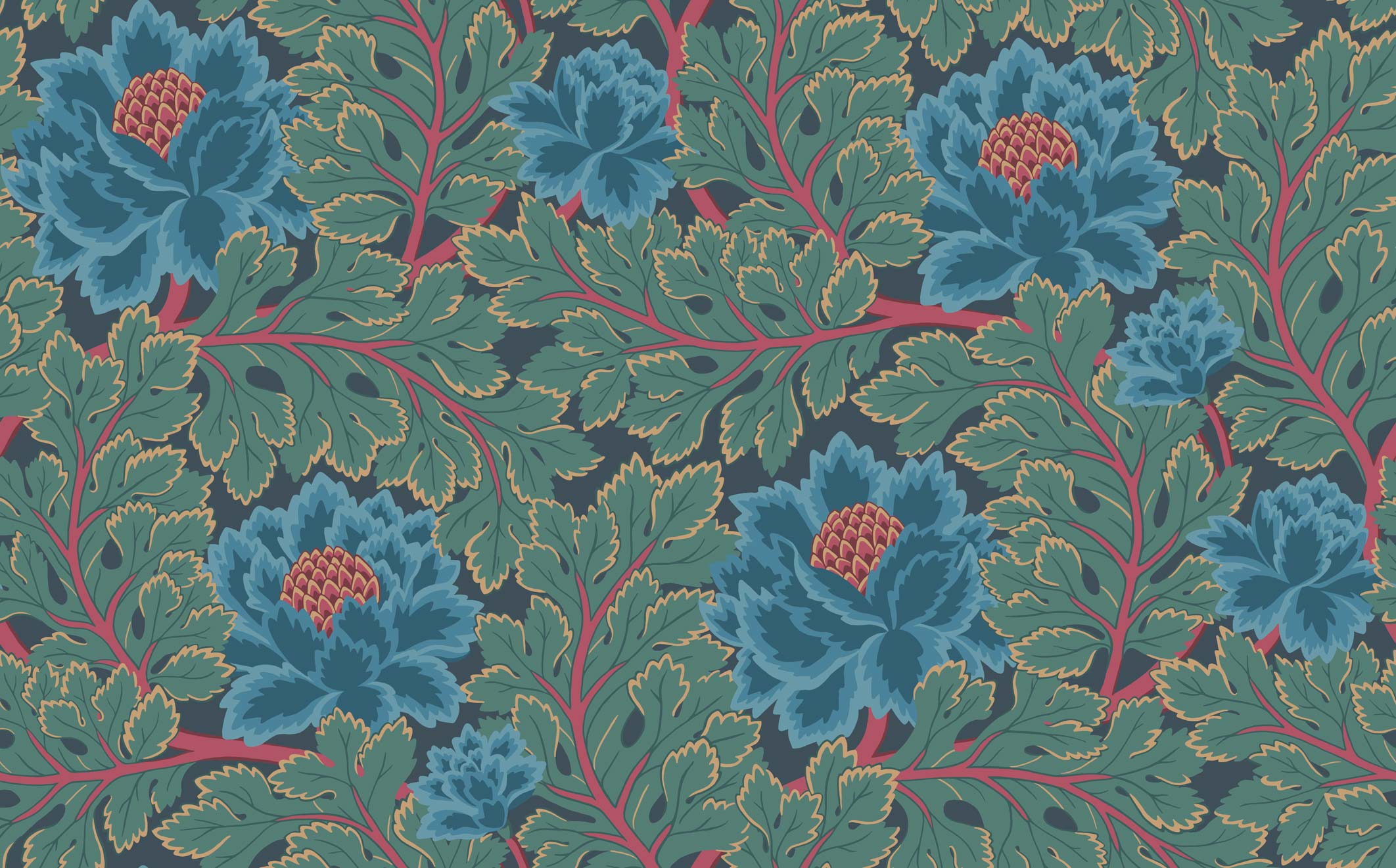 Wallpaper - Cole and Son - Pearwood - Aurora - Petrol & Teal on Ink