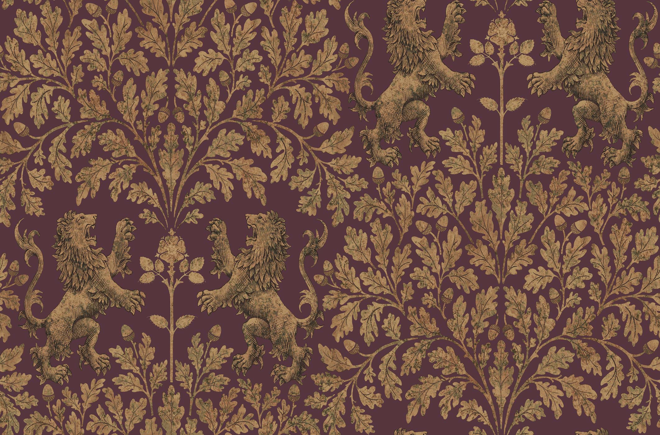 Tapet - Cole and Son - Pearwood - Boscobel Oak - Metallic Autumnal Gold on Claret