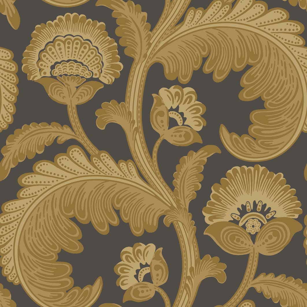 Wallpaper - Cole and Son - Pearwood - Fanfare Flock - Ochre on Charcoal
