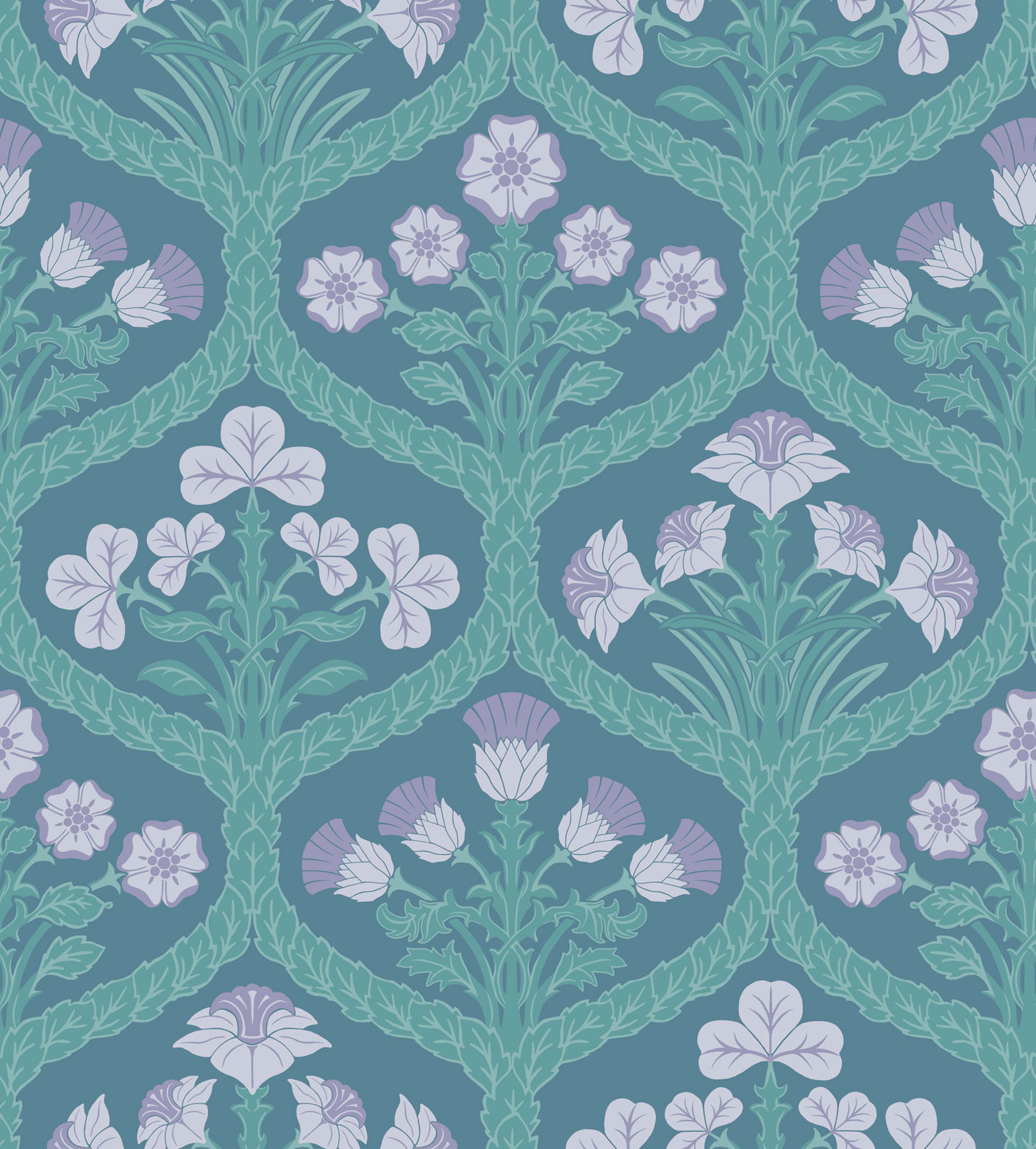 Wallpaper - Cole and Son - Pearwood - Floral Kingdom - Lilac & Teal on Denim