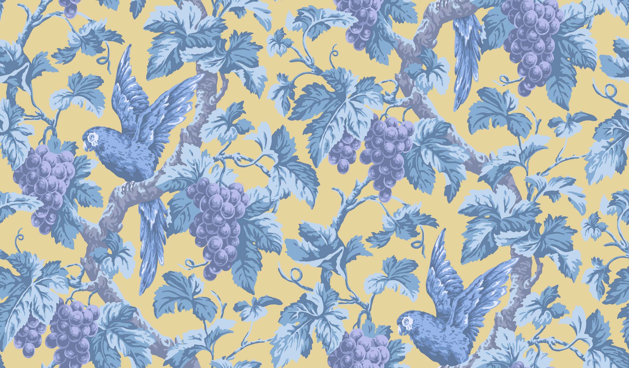 Papier peint oiseau Woodvale Orchad - Hyacinth, Lilac & China Blue on Ochre  - Pearwood - Cole and Son