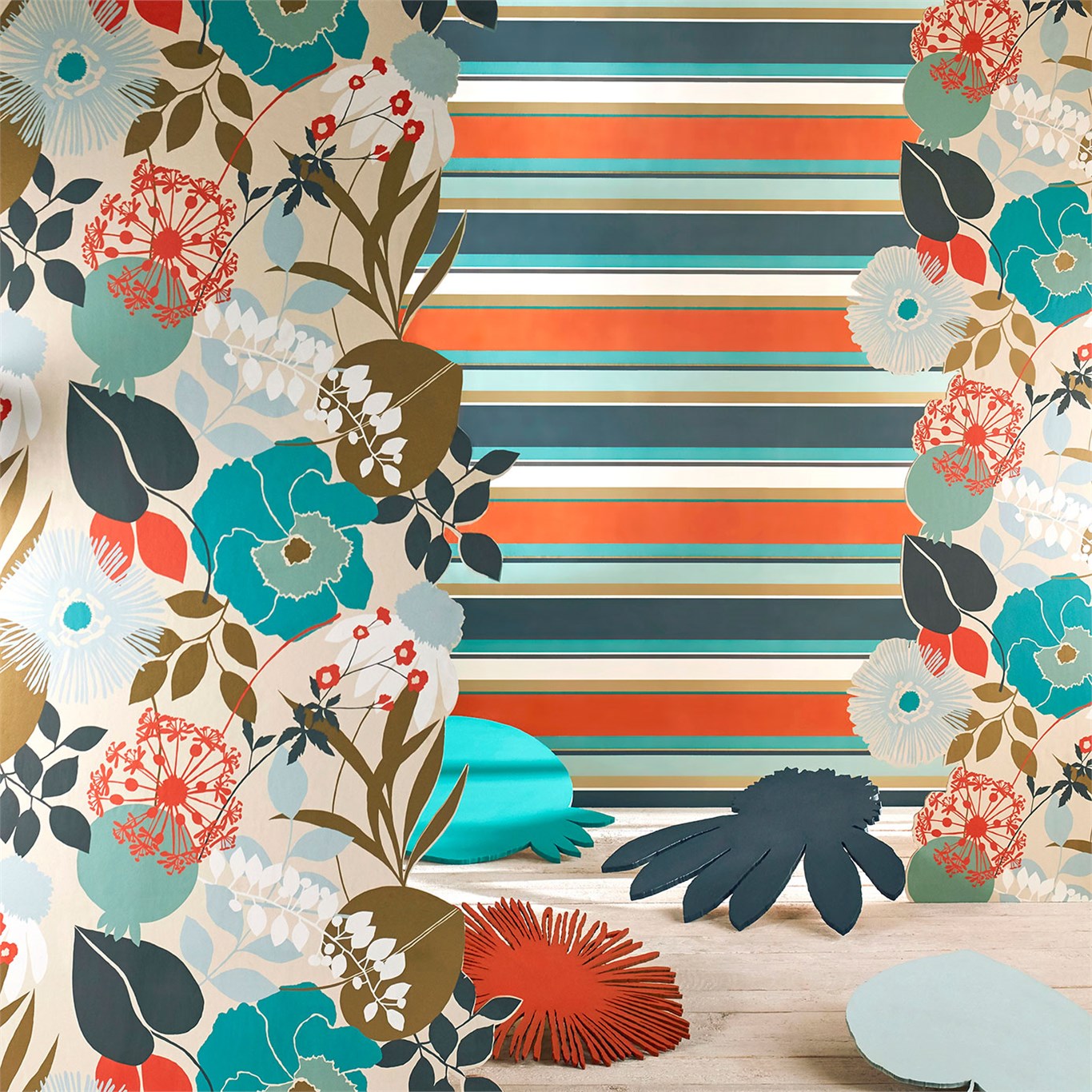 Wallpaper - Harlequin -  Standing Ovation Wallpaper -  Bella Stripe Sepia / Copper / Duckegg