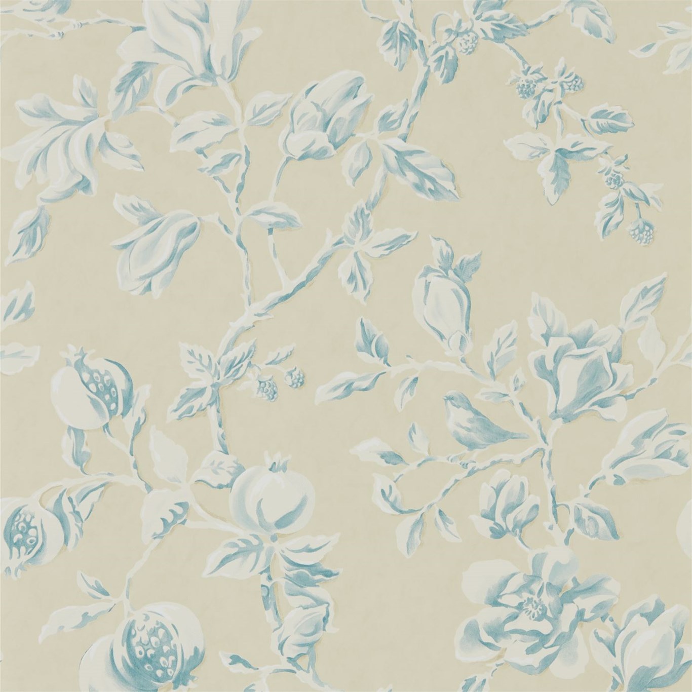 Wallpaper - Sanderson Woodland Walk Wallpapers Magnolia & Pomegranate Parchment/Sky Blue